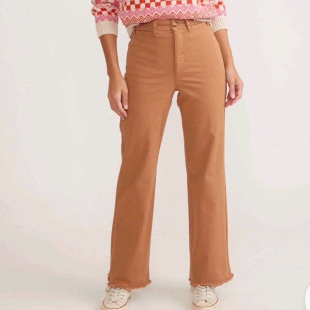 Marine Layer Bridget  Womens 8 Full Length Pants Raw Edge Hem Tan Cotton Stretch